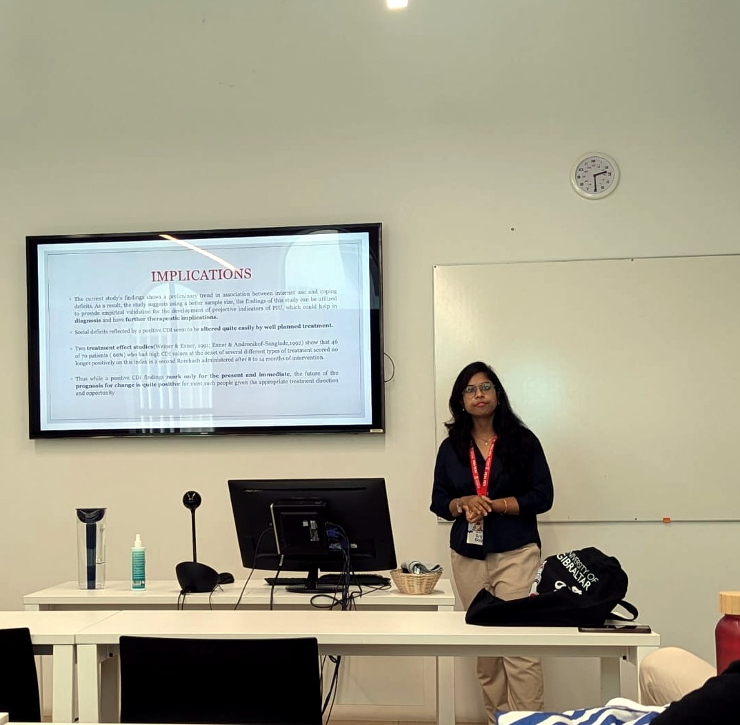 Srijita Gupta presenting research at the University of Gibraltar